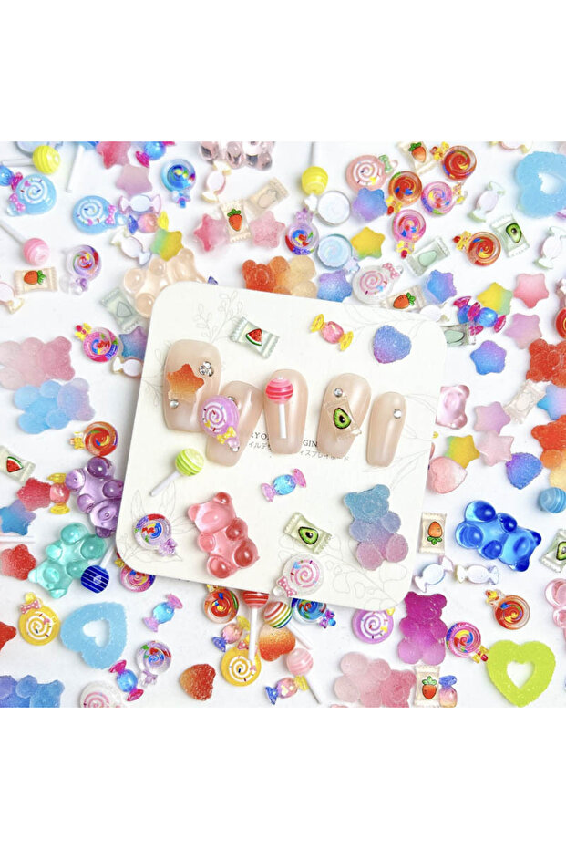 Mixed 100PCS Colorful Candy Mixed Series Nail Art Charms Painted Lollipops Fudge Hearts Beas Nail De