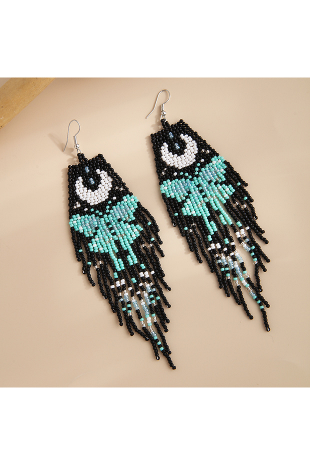 black Bohemian style butterfly long tassel earrings, handmade beaded earrings
