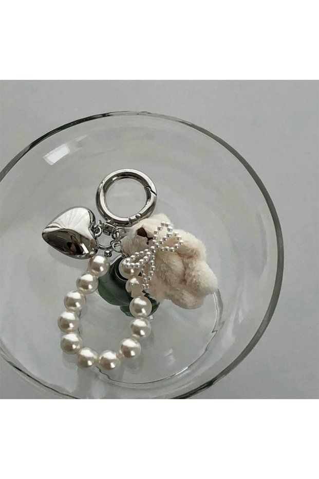 White B ZAKOL Korean Fashion Imitation Pearl Bear Doll Pendant Keychain Handbag Mobile Phone Accesso