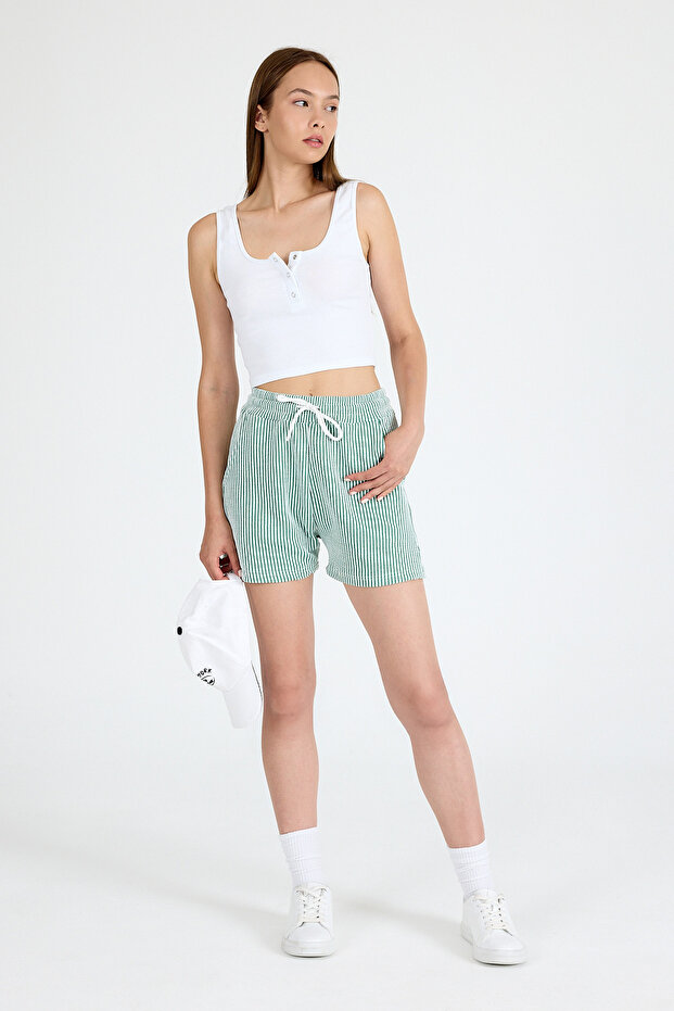 Πράσινο ελαστικό ριγέ υφαντό σορτς 4094 - 6