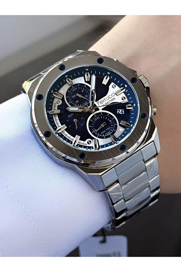 Function Men's Wristwatch – Blue Chronograph Dial, Calendar, Luminous Metal Band Sports Tasa