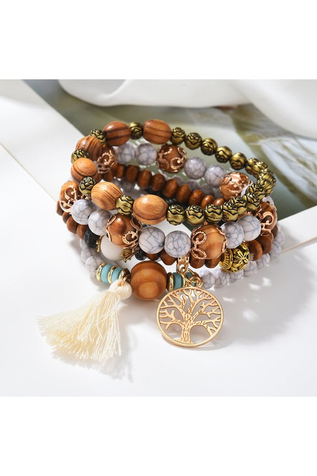 Milky white 4Pcs Bohemia Tree Of Life Charm Beaded Bracelet Set For Women Handmade Wood Beads Chain