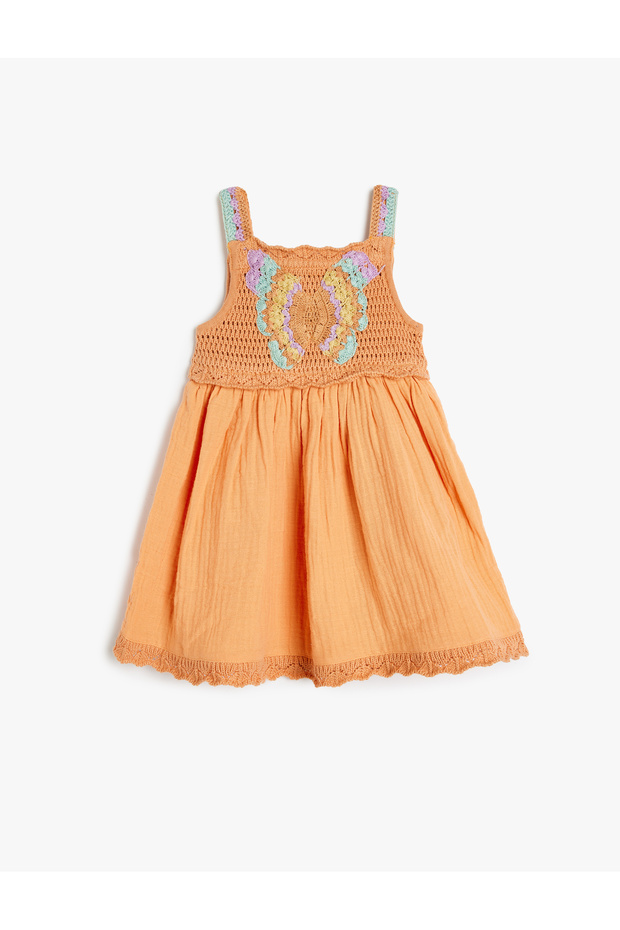Butterfly Embroidery Detail Square Neck A-Line Cotton Strappy Dress