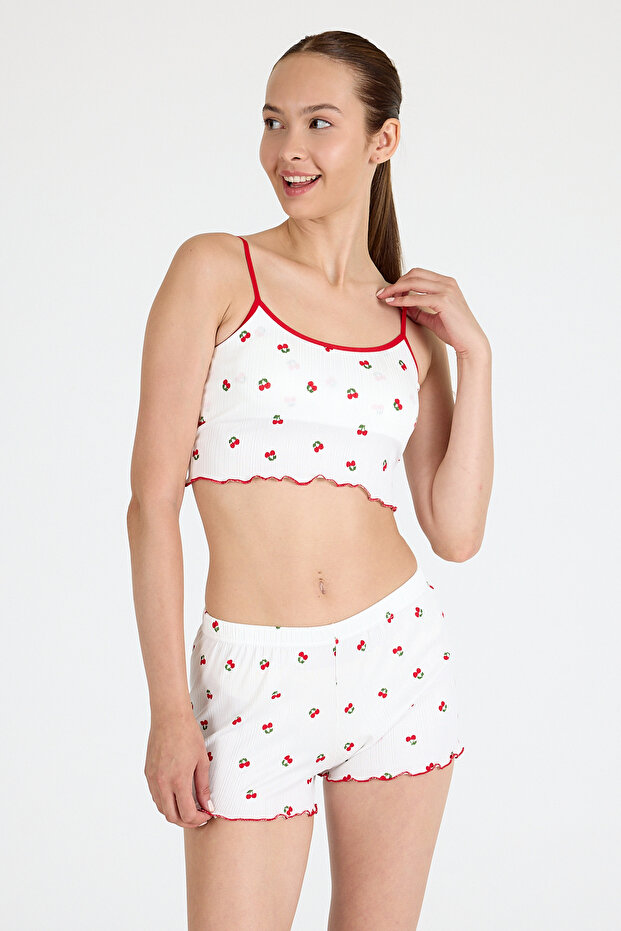 طقم شورت رياضي منقوش باللون الأبيض الكرزي 3403 - 6