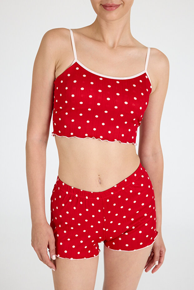 طقم شورت رياضي منقط باللون الأحمر 3404 - 4