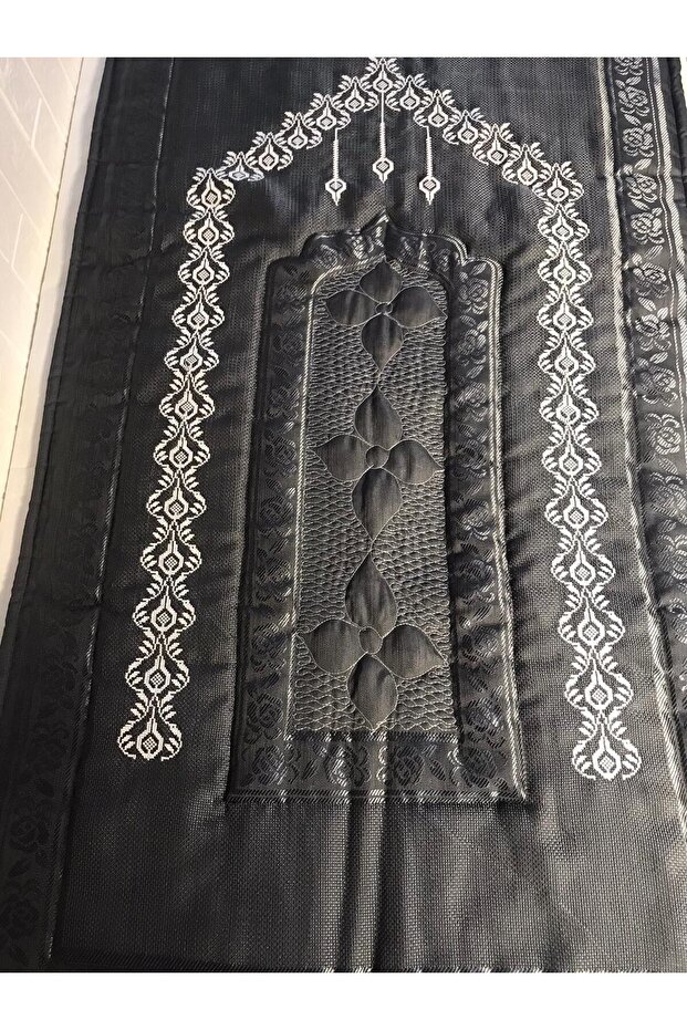White and Gray Flower Motif Machine Embroidery Etamine Fabric Single Prayer Rug