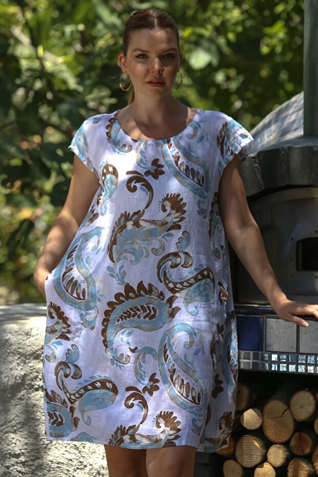 Italian White Boat Neck Low Sleeve Shawl Pattern Casual Linen Woven Dress with Hidden Pocket 100 65