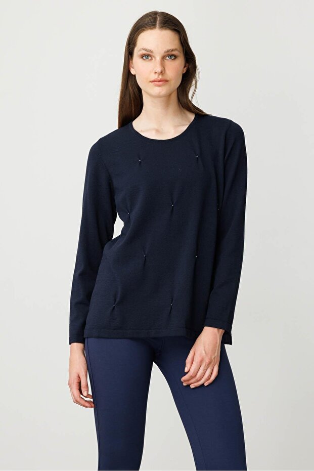 Women's O-Neck Front Pleated Beaded Ligral Blouse K.Navy Blue