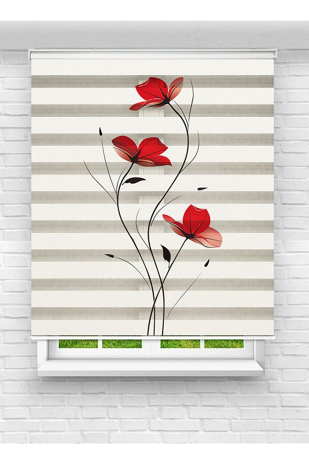 Modern Kırmızı Çiçek Desenli Zebra Stor Perde - Şık Çizgili Tasarım Salon ve Mutfak İçin - 1
