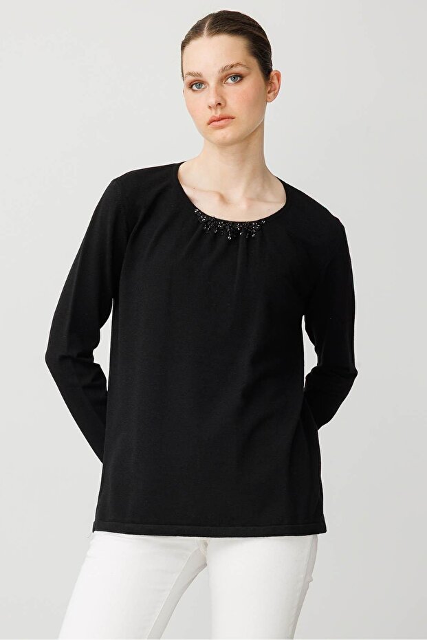 Women's O-Neck Lace Flower Embroidered Ligral Blouse Black