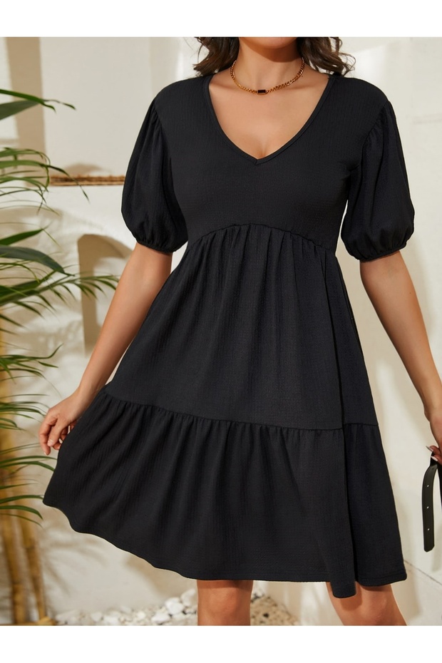Black Watermelon Sleeve V-Neck Skirt Pleated Detail Dress
