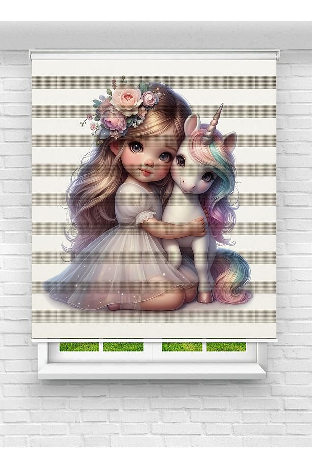 Unicorn ve Çiçek Taçlı Kız Desenli Zebra Stor Perde - Kız Çocuk Odası Perdesi - 1