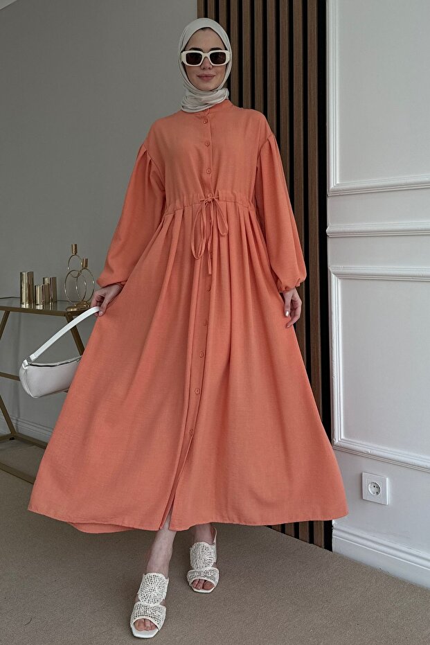 Düğmeli Keten Elbise - 1