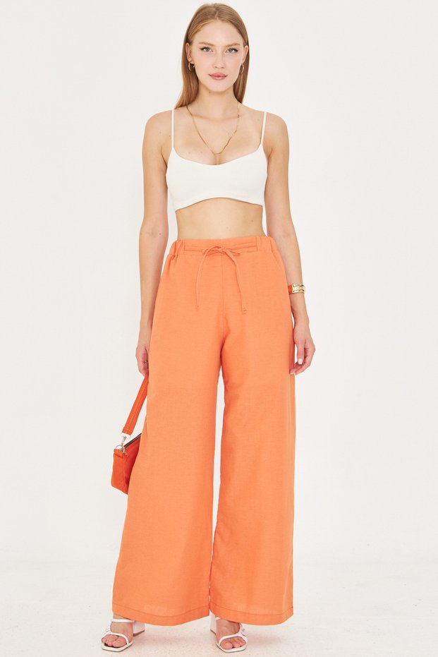 Women's Orange Linen Look Elastic Waist Pocket Lacing Detailed Lined Loose Trousers Arm-25Y001078
