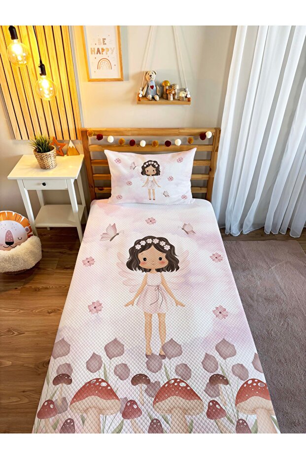 Mushroom and Girl Patterned Baby and Child Printed Single Pique Set 160 X 220 cm White
