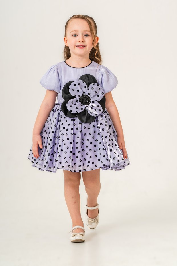 Short Sleeve Flower Detail Girls' Evening Dress (3-6 Years)