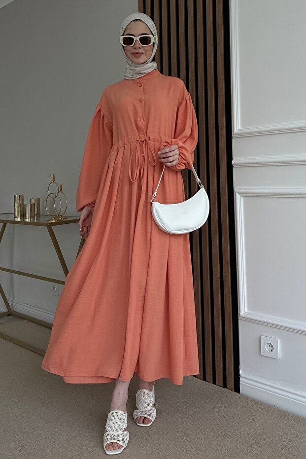 Düğmeli Keten Elbise - 2