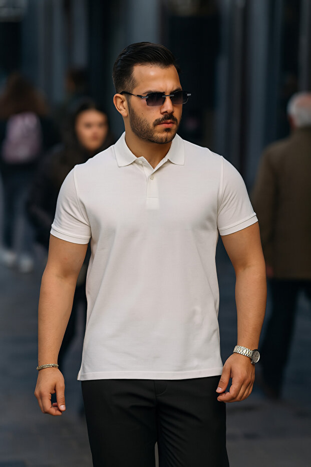 Ανδρικό βαμβακερό μπλουζάκι με γιακά πόλο Basic Ecru - 1