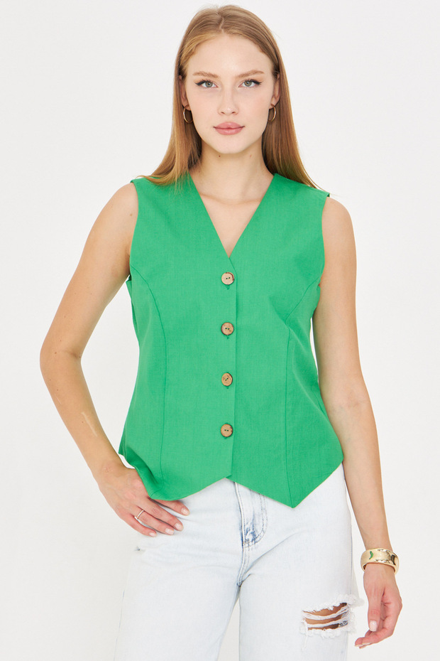 Women's Light Green V-Neck Body-Fitting Linen Look Lined Vest Arm-24Y001111