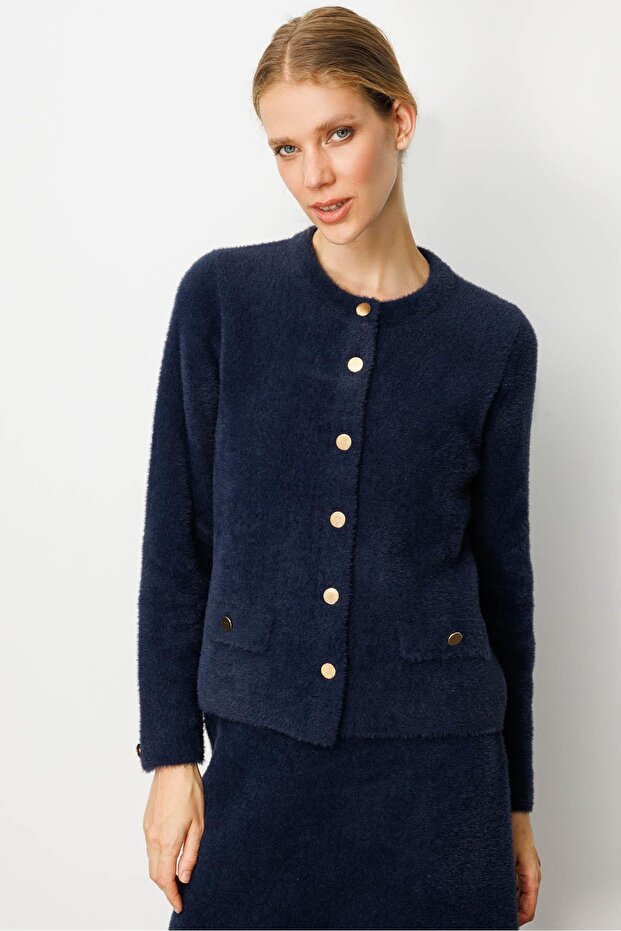 Women's Crew Neck Metal Button Aphrodite Short Knitwear Jacket Navy Blue