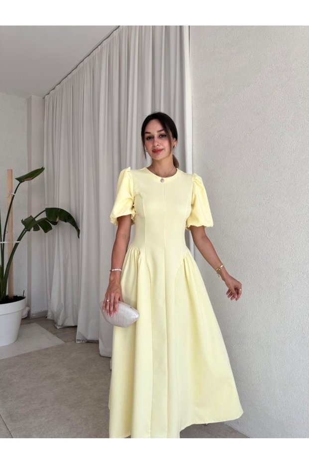 Women's Yellow Back Tie Waist Drawstring Atlas Midi Dress