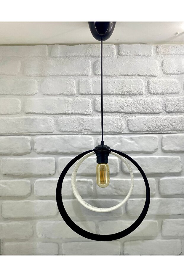 El Yapımı İp Örmeli Siyah Beyaz Desenli İç İçe Geçmiş Çember Model Tekli Sarkıt Avize - 3