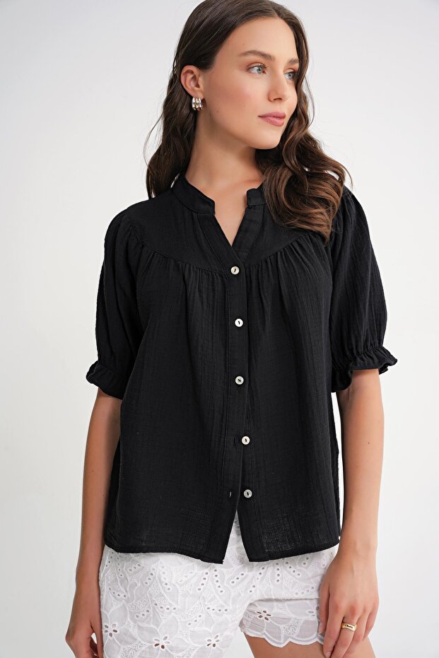 4725 Women's Gathered Sleeve Ruffled Muslin Shirt Black