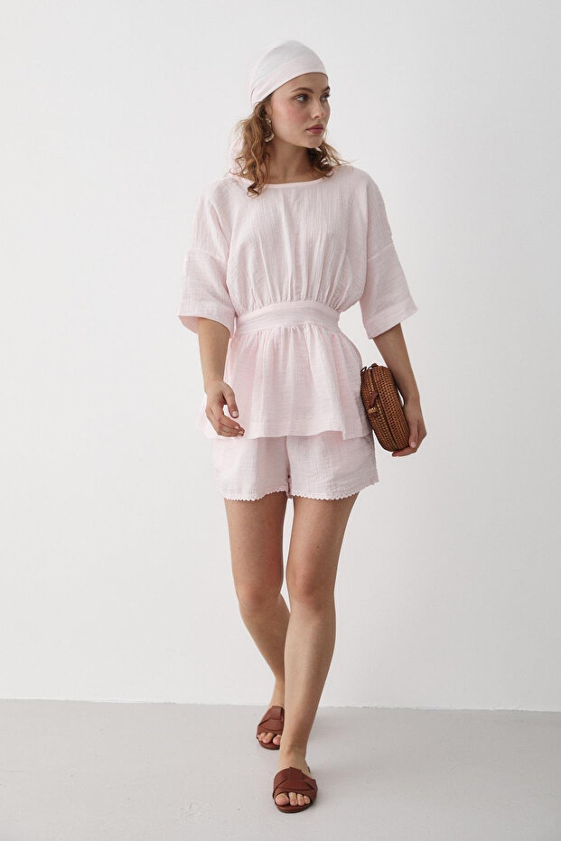 Pink 100% Cotton Back Bow Blouse Shorts Set - 30385