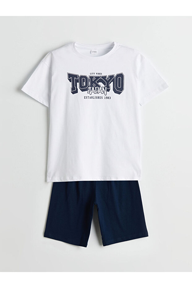 White Crew Neck Tokyo Printed Boys' Shorts Pajama Set