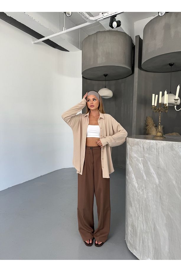 Kadın Bej Oversize Keten Ayrobin Gömlek - 2