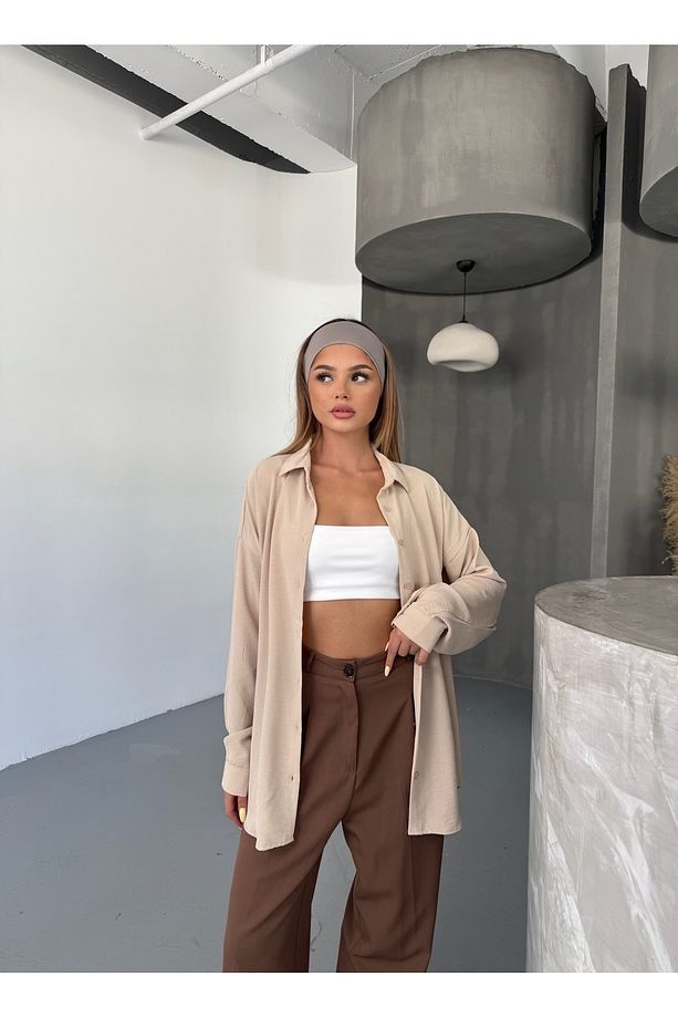 Kadın Bej Oversize Keten Ayrobin Gömlek - 3