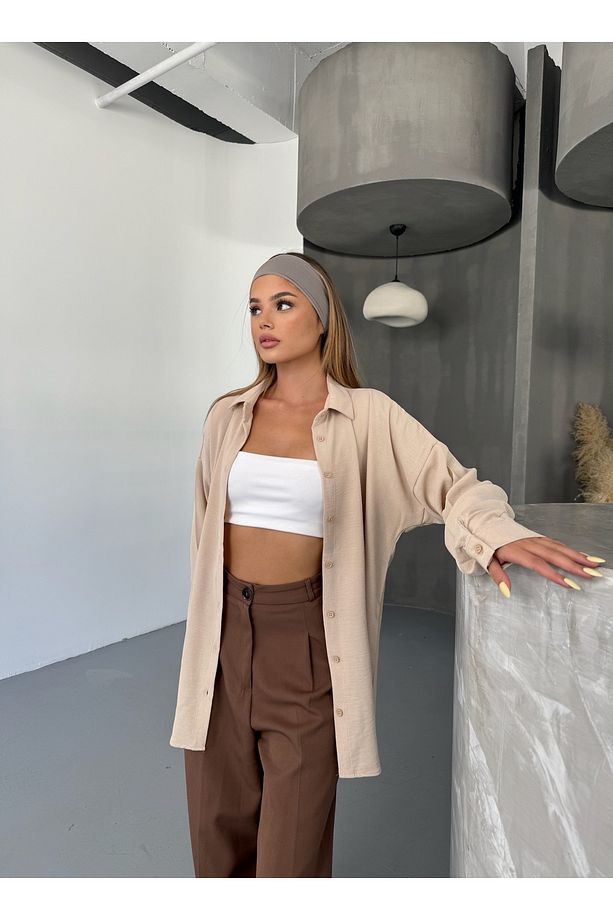 Kadın Bej Oversize Keten Ayrobin Gömlek - 4