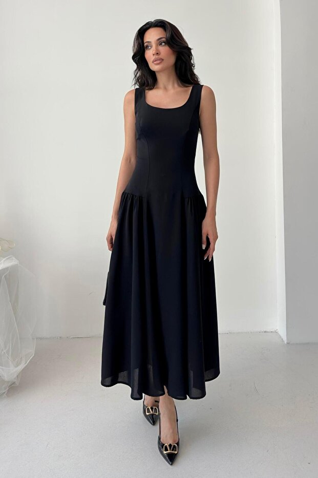 Siyah Kare Yaka Gipeli Midi Elbise - 1