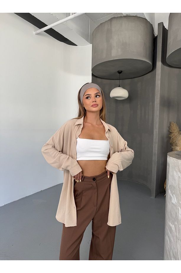 Kadın Bej Oversize Keten Ayrobin Gömlek - 5