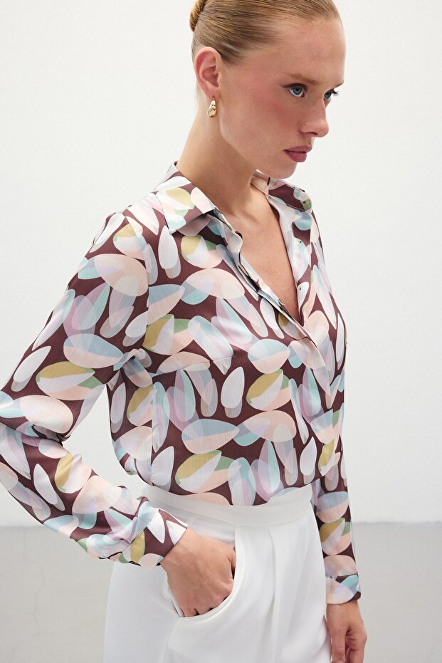 Patterned Long Shirt - Brown - 4