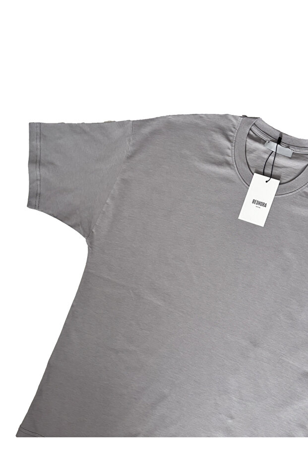 تي شيرت رجالي كبير الحجم بدون طباعة وياقة دائرية باللون الرمادي - 2