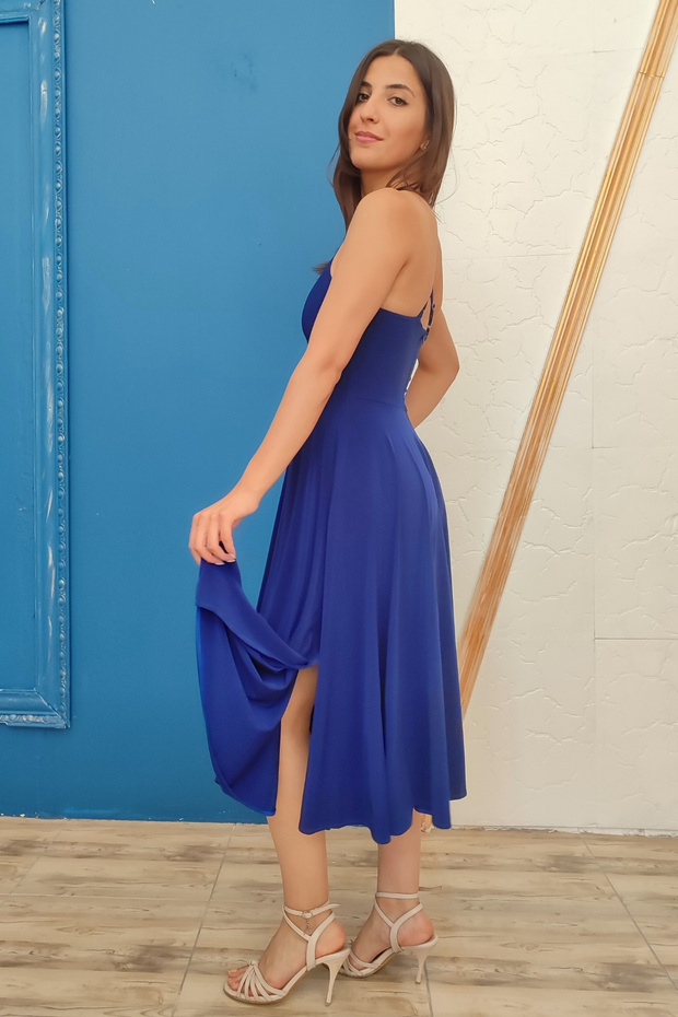 Daire Kesim Çift Yırtmaçlı Çapraz Askılı Midi Tango Elbisesi, Dans Elbisesi - 3