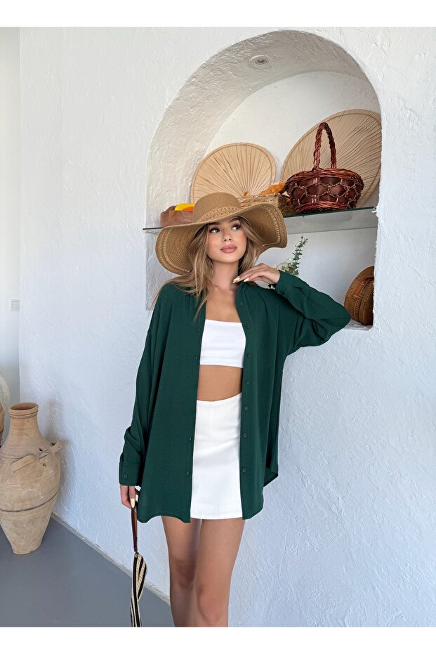 Жіноча сорочка oversize з темно-зеленого льону Ayrobin - 5