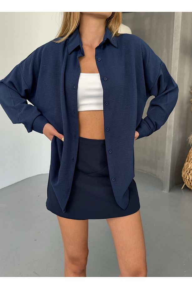 Kadın Lacivert Oversize Keten Ayrobin Gömlek - 5