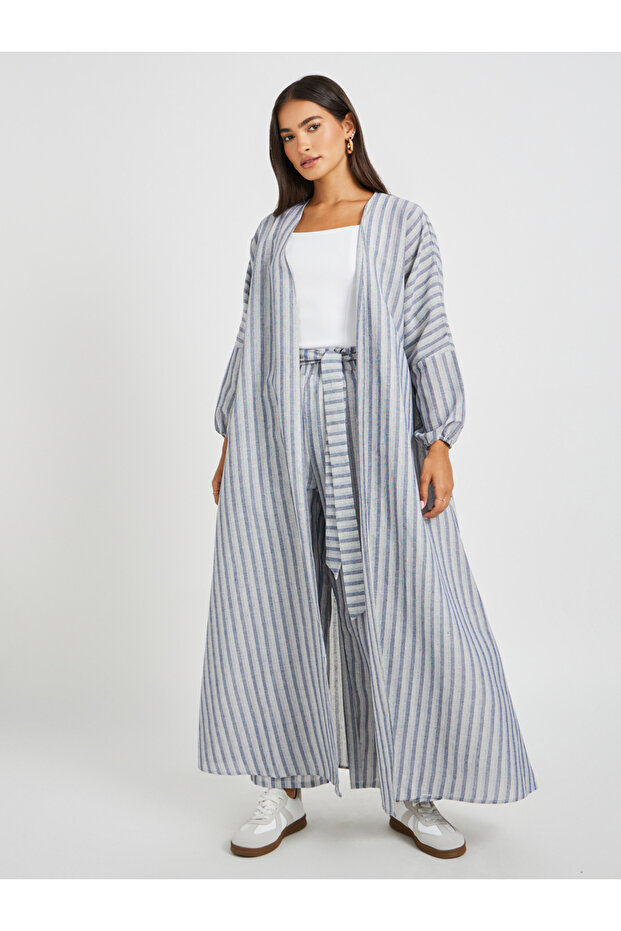 Striped Linen Look Regular Fit Maxi Length Kimono