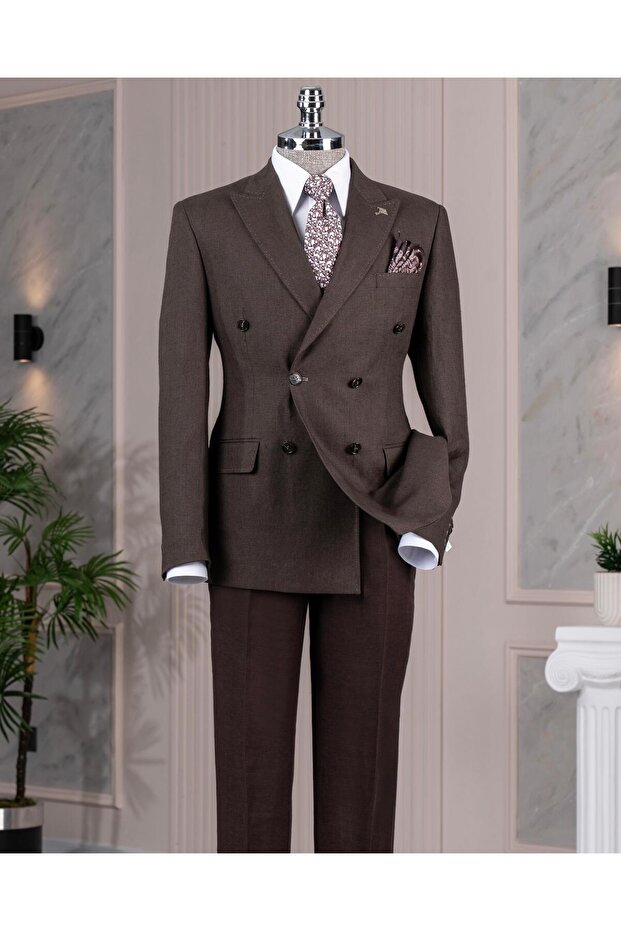 Italian Style Slim Double Breasted Men's Single Jacket Brown T13661