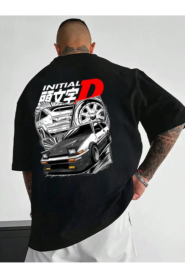 Unisex Initial D Printed Oversize Crew Neck T-Shirt