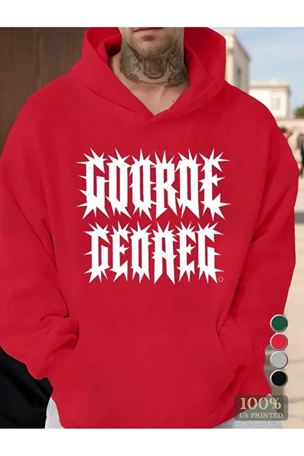 Gooroe Geoaeg Printed Hooded Pocket Red Sweatshirt with Wool Inside