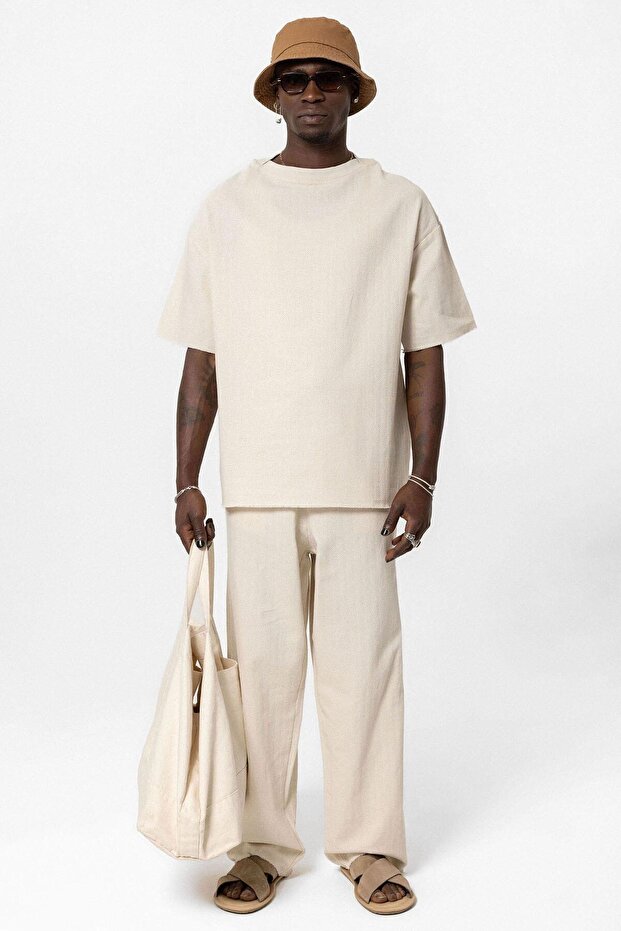 Basıc Oversize Keten Takım Bej - 6