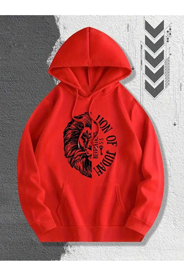 Half Lion Face Printed Hooded Pocket Cotton Red Sweatshirt