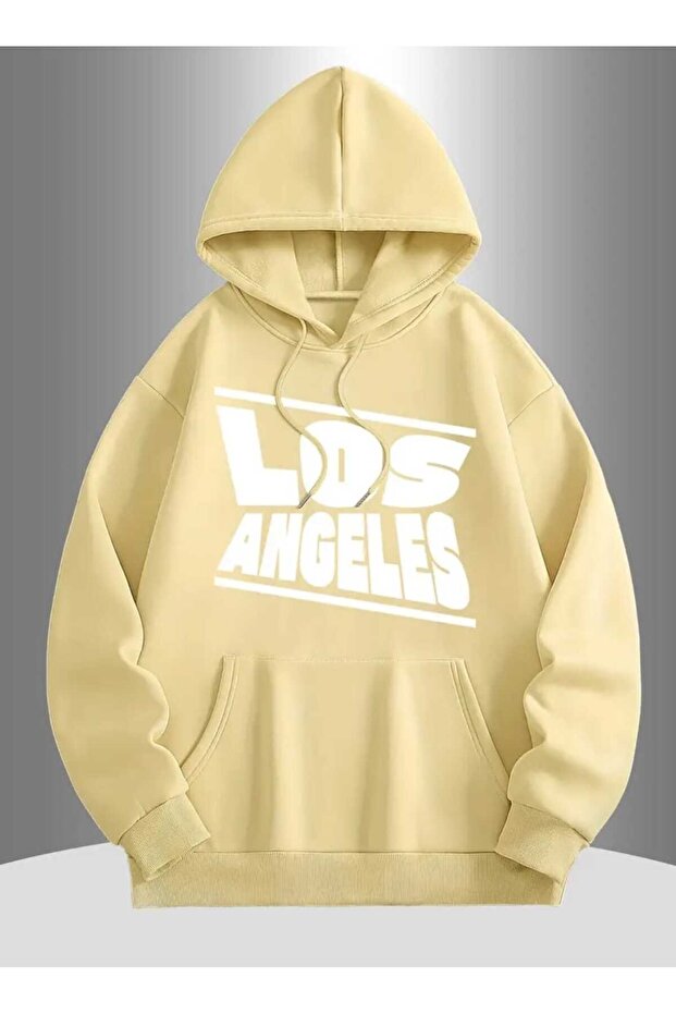 Los Angeles Oblique Printed Hooded Beige Sweatshirt with Pocket and Wool Inside