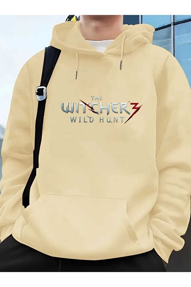 The Witcher Printed Hooded Beige Sweatshirt with Pocket and Wool Inside