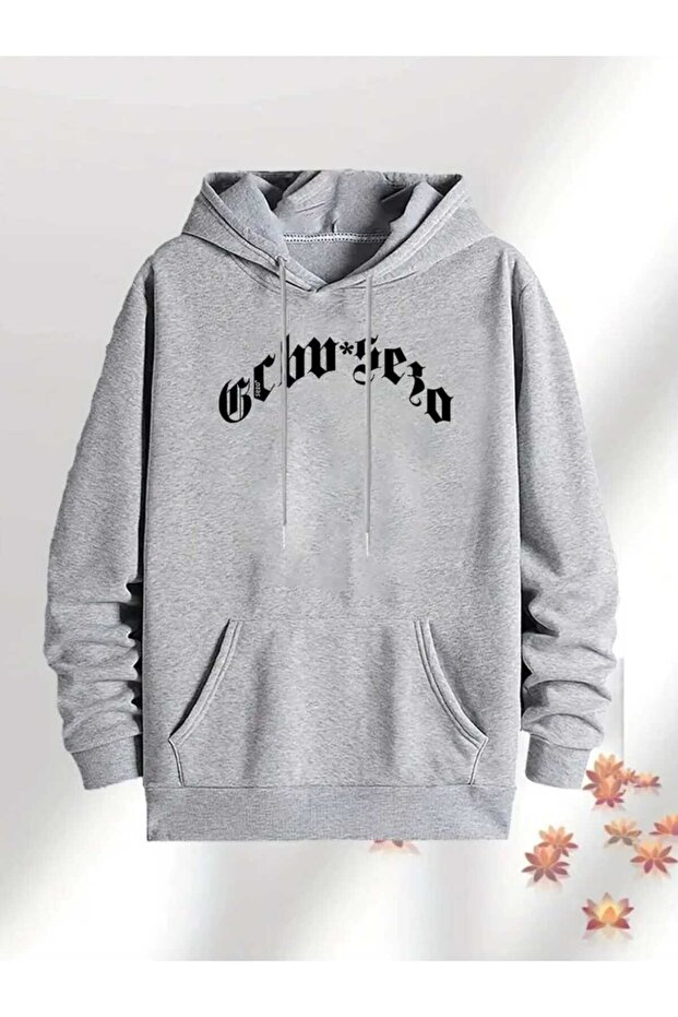 Schw Zeo Printed Hooded Pocket Cotton Gray Sweatshirt