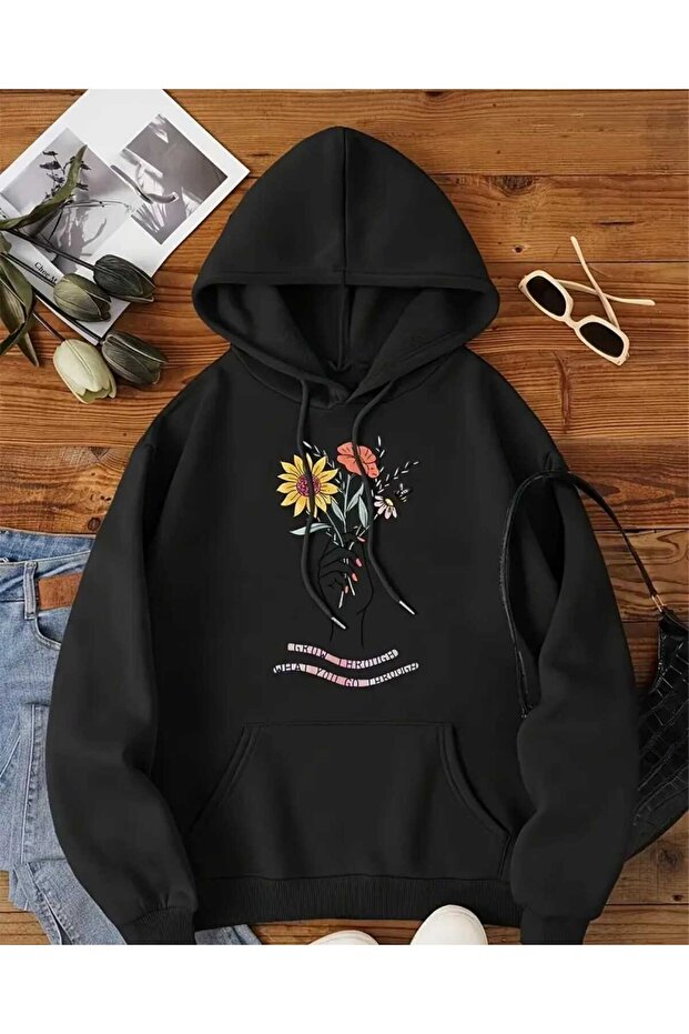 Flower Hoodie Printed Hooded Pocket Black Sweatshirt with Wool Inside