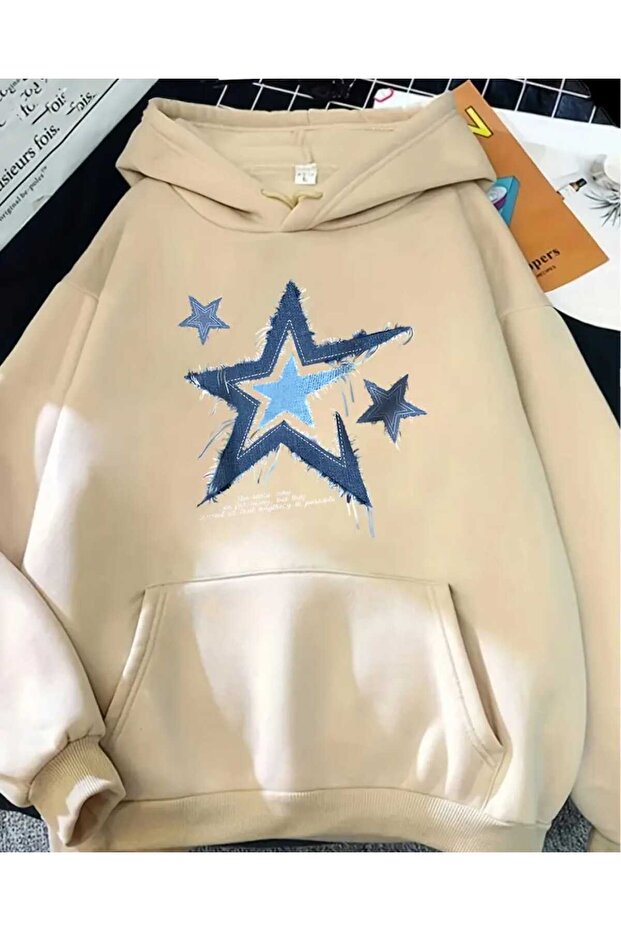 Star Denim Hoodie Printed Hooded Beige Sweatshirt with Pocket and Wool Inside
